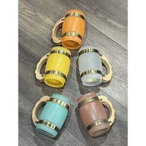 SIESTA WARE Barrel Shaped Frosted Glass Mugs Wood Handles MCM 5